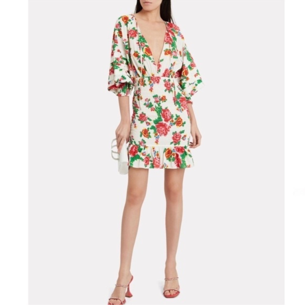 Rhode Anya Smocked Floral Dress White & Red Size Small